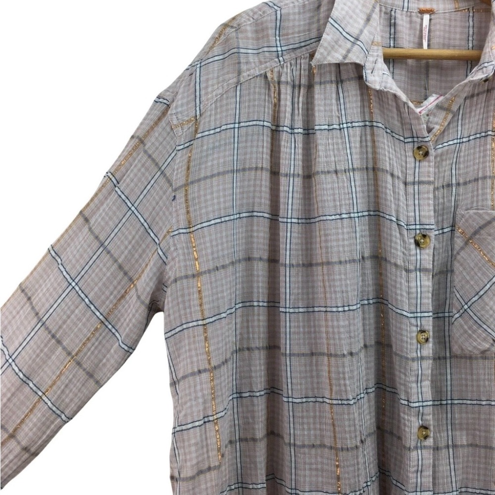 Free People Checkered Blouse in Pink with metallic